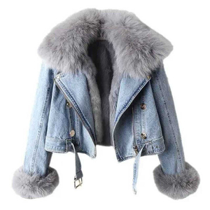 Women's <b>Denim</b> <b>Jacket</b> Light Wash Stonewashed Casual Zipper Front Regular Fit Winter Style Solid Color Faux Fur Collar Cuffs - Product Image 1
