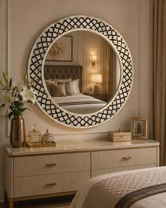 Affordable Price Bone Inlay Round Shape <b>Mirror</b> Frame Brass Striped Pattern Bone Inlay Round Shape <b>Mirror</b> Frame <b>Wall</b> Decor Frame - Product Image 2