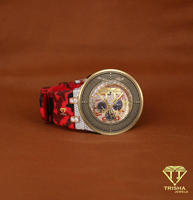 Montre de luxe haut de gamme pour homme avec cadran chronographe, boîtier doré, bracelet rouge, détails étincelants, montre-bracelet tendance pour la vente en gros