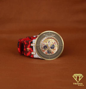 High End Luxury Men’s Watch With <b>Chronograph</b> Dial Gold Tone Case Red Strap Sparkling Detail Fashion Wristwatch For Wholesale - Product Image 6