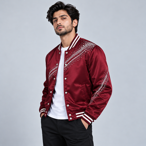 Chaqueta Varsity Casual de Satén con Pedrería, Chaqueta Bomber Brillante a la Moda con Decoraciones de Estrellas de Cristal y Puños Acanalados - Product Image 2