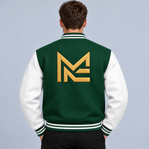 Men's Green Color Block Varsity Jacket <b>Gold</b> Embroidered Logo PU Leather Sleeve <b>Stand</b> Collar Snap Button Windproof <b>Coat</b> - Product Image 2