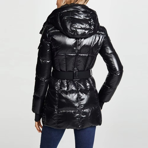 Women's Quilted Jacket <b>Black</b> Stand Collar Full Sleeve Winter Polyester Wadding Zipper Closure Adjustable Waist - Product Image 2