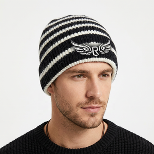 Unisex Striped Knit Beanie Hat 100% <b>Acrylic</b> Winter Warm Casual Cap Black White Color <b>Block</b> Adult - Product Image 5