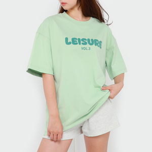 Ensemble short 2 pièces décontracté et ample pour femme, manches courtes, col rond, imprimé lettres vertes, respirant, 100 % coton - Product Image 1