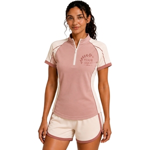 Dusty Pink Beige Womens Half Zip Sports T Shirt And <b>Shorts</b> Set Quick Dry <b>Short</b> Sleeve Activewear Gym Fitness Running Training - Product Image 1