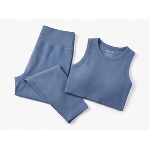 Conjunto de Yoga Azul de 2 Piezas: Top Corto con Cuello Redondo y Espalda Cruzada, Shorts de Cintura Alta con Textura Frontal, Sin Costuras, Color Sólido, Transpirable, Suave, Spandex - Product Image 5