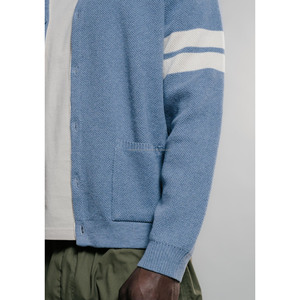Custom Sky Blue White Men Winter Standard V-neck Cardigan College Acrylic Coarse Wool Knitted Vintage Jacquard Patch Designs - Product Image 2