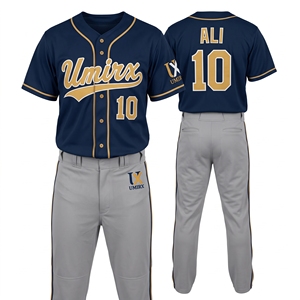 Ensemble d'uniformes de baseball personnalisés, maillot et pantalon, bleu marine, bordure dorée, nom et numéro brodés, kit d'équipe à boutons complets, adulte, 100% polyester - Product Image 1