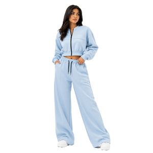 Wholesale Ladies Powder Blue <b>Two</b> <b>Piece</b> <b>Lounge</b> <b>Set</b> with Crop Zip Sweat Jacket Elastic Waist Wide Trousers Private Label Apparel - Product Image 1