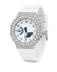 Reloj Analógico-Digital de Lujo para Mujer, Caja de Acero Inoxidable, Bisel con Diamantes, Correa de Silicona Blanca, Forma Poligonal, Movimiento de Cuarzo - Product Image 6