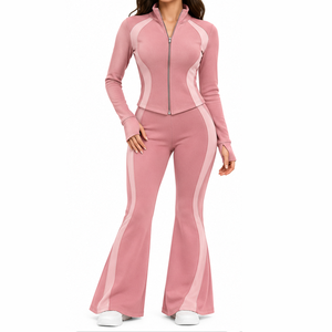 Women Fleece Lounge Set Zip Up Jacket Flare Leg Pants <b>Piped</b> Seams Comfortable Casual Everyday Winter Wholesale Clothing - Product Image 1