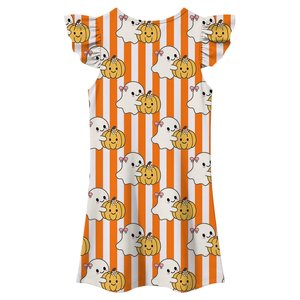 Robe imprimée Halloween pour filles, manches à volants, coupe trapèze, motif fantôme et citrouille de dessin animé, mignonne, longueur mini, col rond, en mousseline - Product Image 2