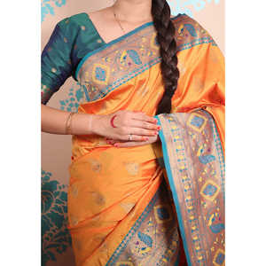 ผ้าไหมปาธานีสีส้มลายวีรุกษ์  งานทอซารี  ชุดราตรีหรูหรา  ผ้าทอชั้นดี น้ำหนัก 650 กรัม - Product Image 1