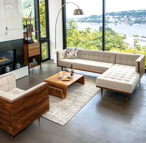 Midcentury Modern L Shape Sectional <b>Sofa</b> Set With Tufted <b>Fabric</b> Upholstery Solid Wood Frame For Living Room - Product Image 3