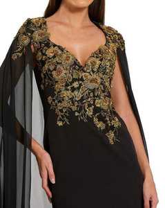 Robe de cocktail sirène longue noire et or à motifs floraux en relief avec manches cape détachables, col en V, taille haute et sequins - Product Image 6