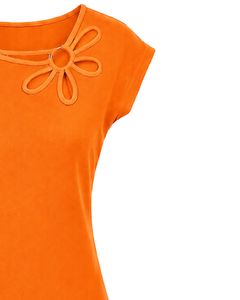 Manufacturer Orange Women Casual Summer Blouse Elegant Flower Neck Design Short Sleeve Loose Fit Fashion Daily Wear <b>Top</b> Shirt - Product Image 4