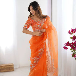 Sari de seda organza pesada con elegante bordado de hilo y lentejuelas – Ideal para fiestas y celebraciones - Product Image 1