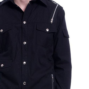 Custom Wholesale <b>Men's</b> Gothic Punk Rock Black Long Sleeve Shirt 100% Cotton Zipper Detail Button Down Shirt - Product Image 3