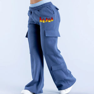 Pantalones Cargo de Forro Polar Azul para Mujer, Cintura Media, Corte Holgado, Largos, Casuales, con Bolsillos, Cintura Elástica, Estilo Otoñal - Product Image 4