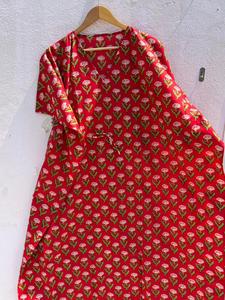 Women's Red Floral Print 100% Cotton Maxi <b>Kaftan</b> Dress V Neck Batwing Sleeves Drawstring Eco-Friendly Breathable Handmade <b>Beach</b> - Product Image 2