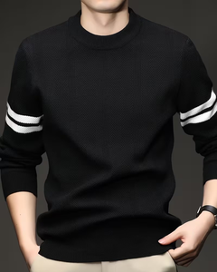 Men's Customizable Black Terry Knitted Crew Neck Breathable Pullover White Striped Sleeves Casual Winter Wear Oversized Fit - Product Image 1