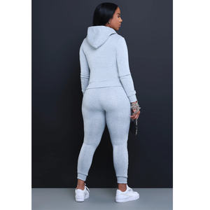 Ensemble sweat-shirt gris à capuche et fermeture éclair pour femme, taille haute, manches longues, décontracté, tricoté, couleur unie, toutes saisons, coupe classique - Product Image 2