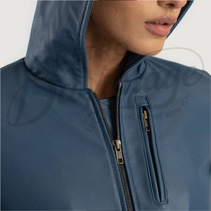 Chaqueta Bomber Azul de Cuero Genuino para Mujer con Capucha, Acolchada, Ajustada, de Piel de Oveja Premium, Abrigo Casual de Invierno a la Moda - Product Image 6