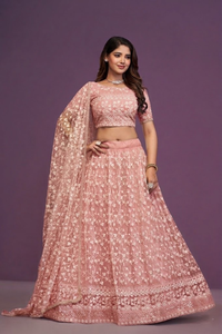 Pink Embroidered Lehenga Set <b>Net</b> Dupatta Crop <b>Top</b> and Skirt Traditional Indian Wedding Outfit - Product Image 1