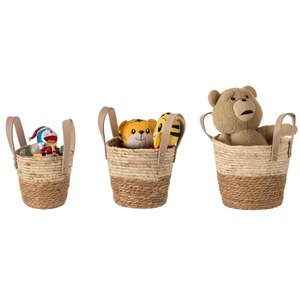 Set of 3 seagrass <b>baskets</b> with leather handles Handmade <b>Storage</b> <b>Basket</b> Wholesale eco-friendly Made in Vietnam - Product Image 1