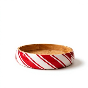 Tazón redondo de madera de mango tallado a mano, ecológico, con impresión personalizada en rojo brillante natural y esmalte, para servir ensalada, dulces, para el hogar y la cocina. - Product Image 1