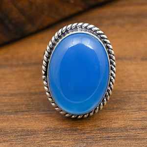 Bague en calcédoine bleue, argent sterling 925, faite à la main, bijoux anciens, pierres précieuses naturelles, cadeau - Product Image 1