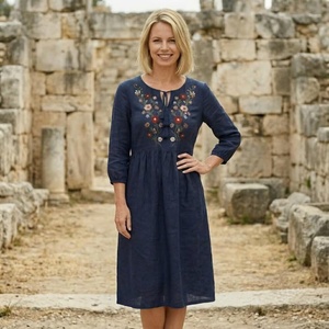Robe midi en lin et coton brodée de fleurs pour femmes, élégante, bohème, ethnique, décontractée, manches 3/4, col rond, coupe évasée, kurti d'été - Product Image 4
