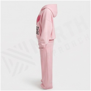 <b>Pink</b> Women Hooded <b>Tracksuit</b> <b>Set</b> With Slogan Print Zipper Front Sweatshirt And Loose Pants Casual Full Length Spring Wear - Product Image 3