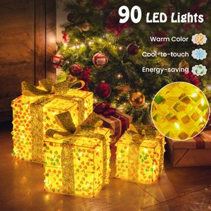 Ensemble de 3 boîtes cadeaux de Noël pré-éclairées avec 90 lumières LED et nœuds, lumières scintillantes à piles pour la décoration extérieure de la maison - Product Image 6