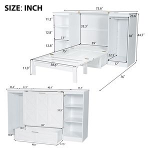 Lit Murphy double blanc avec étagères pratiques au chevet et armoire intégrée - Product Image 4