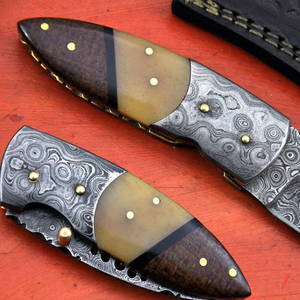 Cuchillo de Caza de Acero de Damasco con Hoja de Punta Caída y Mango de Madera con Funda de Cuero, OEM Disponible - Product Image 1