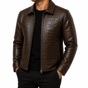 Chaqueta de Cuero de Oveja 100% Genuino de Lujo |   Chaqueta de Cuero Premium para Hombre con Logotipo Grabado en Relieve de Cocodrilo Marrón Personalizada para Invierno | OEM ODM - Product Image 3