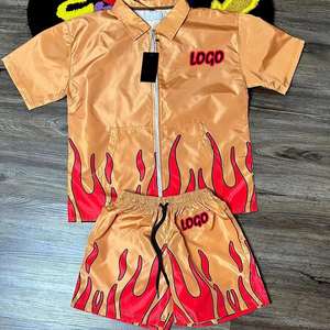 Ensemble deux pièces streetwear d'été pour hommes en gros : veste coupe-vent en nylon et short avec logo brodé flamme, survêtement brodé - Product Image 5