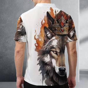 Polo Personalizado con Estampado de Lobo en 3D por Sublimación |   Camiseta gráfica de manga corta con cierre de cremallera para hombre |   Top transpirable con estampado animal en blanco y dorado - Product Image 5