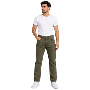 Jean en denim vert olive pour homme, coupe droite, coupe classique, pantalon décontracté tendance, cinq poches, streetwear, avec logo en cuir - Product Image 1