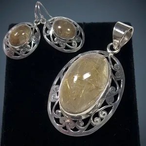 925 Sterling Silver Rutilated Quartz Pendant Earrings Set With Elegant Handmade Design Natural Golden Rutile Gemstone Jewelry - Product Image 3