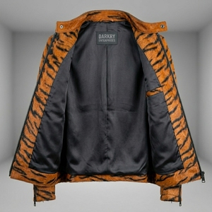 Custom Mens Tiger <b>Pattern</b> Hair-on-Hide Genuine Leather Jacket Wholesale Real Cowhide Moto Biker Stand Collar Slim Fit Coat - Product Image 3