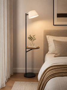 Modern metal Floor lamp E26/ E27 with fabric lampshade and glass <b>tray</b>, on/off switch for for hotels bedrooms living room - Product Image 4