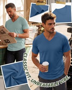 Camiseta con cuello en V para hombre, cómoda, de manga corta, informal, tela suave y transpirable, ligera, ajustada, para verano, de secado rápido - Product Image 3