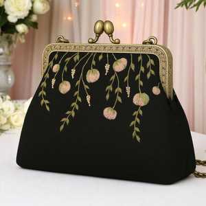 Black Embroidered Clutch Bag With Gold Chainand jewelry bag Closure Envelope Shape <b>Hinged</b> Perfectly Design packaging - Product Image 4
