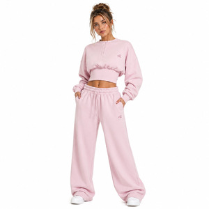 Chic <b>Pink</b> Button Henley Cropped <b>Sweatshirt</b> Tracksuit Cinched Waist OEM Wide Leg Joggers Custom 100% Cotton Oversized Hoodies Set - Product Image 1
