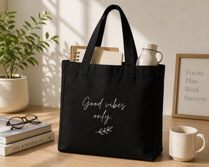 กระเป๋าผ้าแคนวาส Good Vibes Only ขนาดใหญ่ ใช้ได้ทุกวัน หูหิ้วยาว ลายตัวอักษร สีดำ - Product Image 5