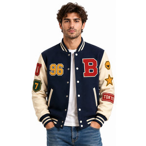 New Arrival Lettermen Jacket <b>Covered</b> <b>Button</b> Style Wool Fabric University Varsity Jacket Applique Regular Fit Turn-down Collar - Product Image 2