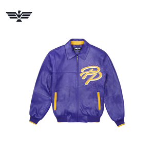 EMPIRE TREND WEARS Unisex <b>Purple</b> PU <b>Varsity</b> Bomber <b>Jacket</b> Windproof Embroidered Logo Zipper Closure Stand Collar Casual Winter - Product Image 2